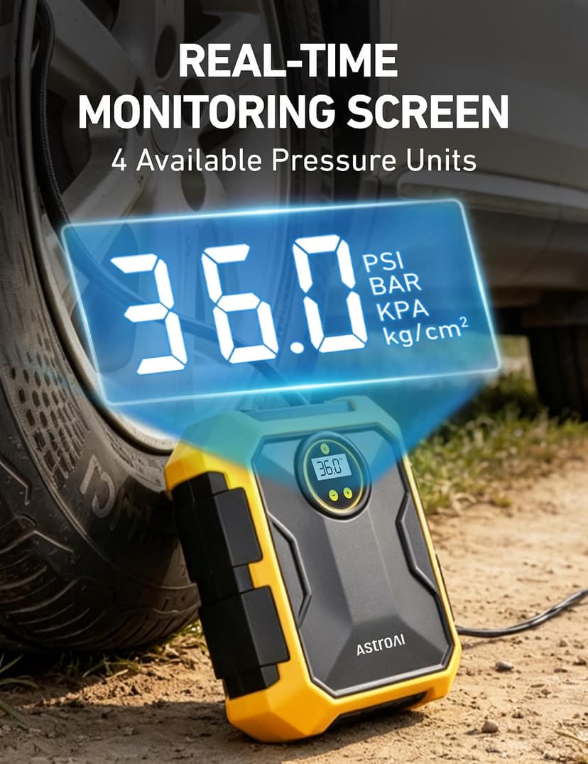 9.8Ft Cord Digital Gauge Auto ShutOff LED Light Fast Inflation Air Pump for Car Tires Bike Ball Motorcycle Inflatables Yellow AstroAI Tire Inflator Portable Air Compressor 12V DC Integrated Storage B097B6X669