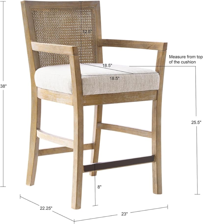 Madison Park Bar Stool with Rattan Back, Wood Counter Height Barstools, Farmhouse Stools with Open Arm Design, Mid-Century Modern Upholstered Bar Chair for Kitchen Island, 18.5" D x 18.5" W x 25.5" H