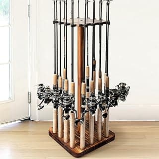 Ghosthorn Fishing Rod Holders for Garage 360 Degree Rotating Fishing Pole Rack, Floor Stand Holds up to 16 Rods Wood Fishing Gear Equipment Storage Organizer, Fishing Gifts for Men Women