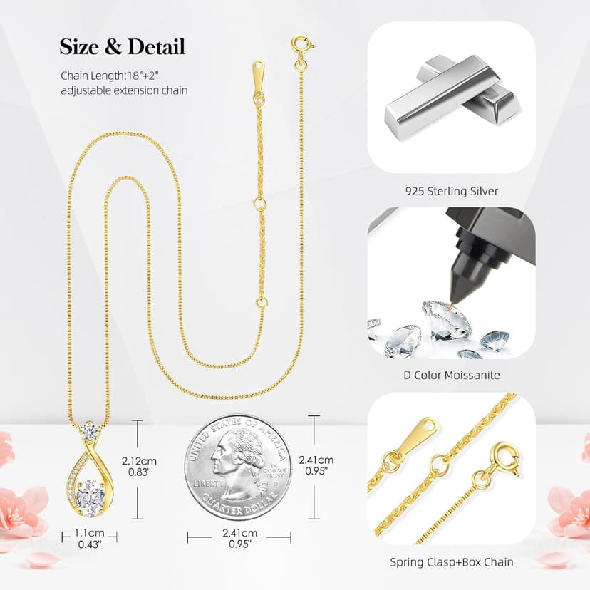 1.5CT Moissanite Infinity Pendant Necklace Anniversary Wedding Gifts for Women Wife Her S925 Sterling Silver 18K White Gold/Gold Filled Jewelry for Birthday Mothers Christmas Valentines Day