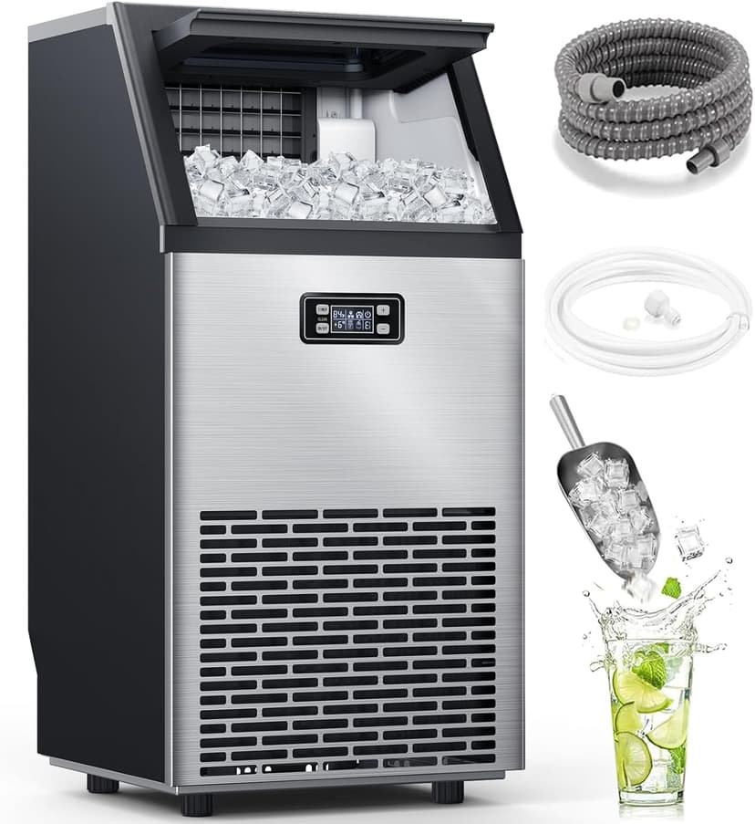 Electactic Commercial Ice Maker Machine,100lbs/24H Stainless Steel Ice Machine,33lbs Storage, Auto Self-Cleaning Freestanding Ice Maker, Ice Machine Freestanding for Bar/Cafe/Restaurant-Dark Silver