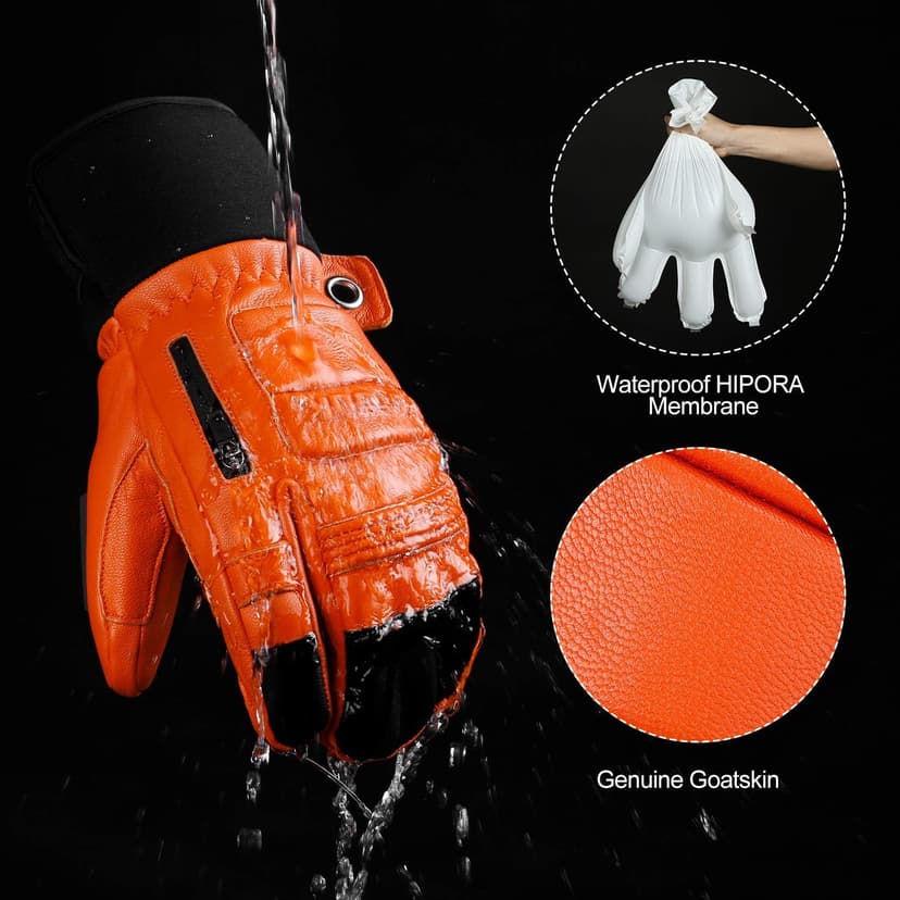 KUTOOK Winter 3 Fingers Ski Mittens Goatskin Thermal 3M Thinsulate Waterproof Snowboarding Gloves with Pocket for Men Women