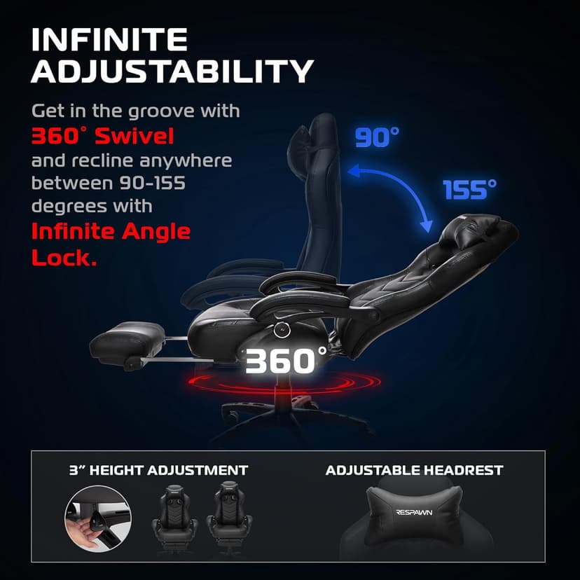 RESPAWN 110 Pro Ergonomic Gaming Chair with Footrest for Adults - Comfortable Office Gaming Recliner with Lumbar Support and Headrest, Racing Style Video Game Chairs for Computer Gamer - Black