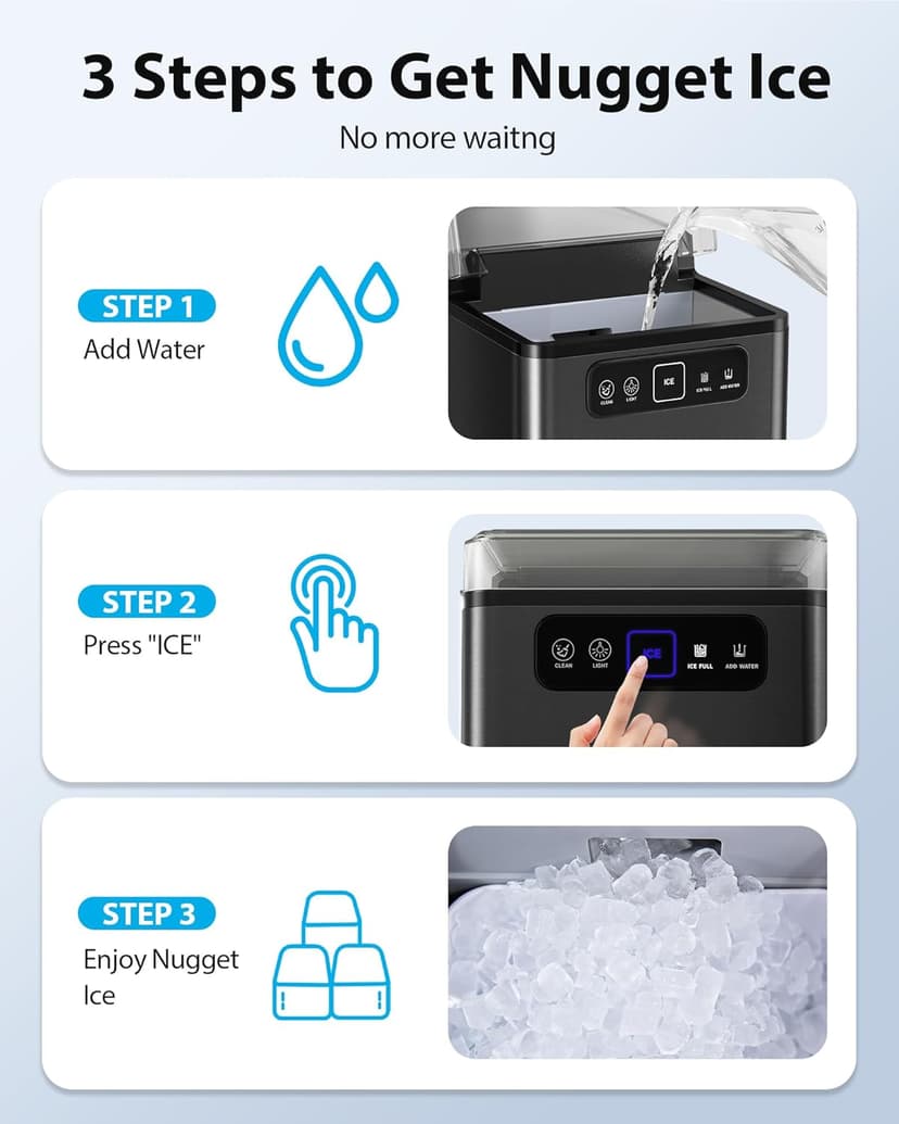 Aeitto Nugget Ice Maker 40Lbs/24H, Countertop Soft Chewable Ice Pebble Ice Machine, One-Click Operation, Auto Self-Cleaning Ice Makers with Scoop&Basket for Home, Office, Kitchen, Party (Black)