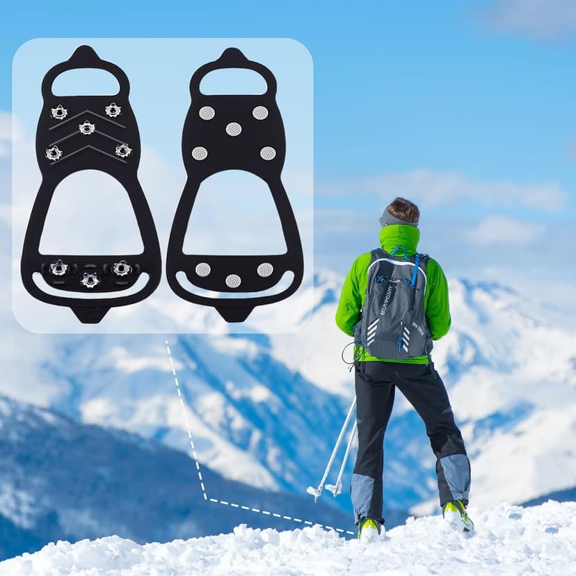 HQcontL 2 Pairs Ice Cleats for Shoes and Boots, Universal Non Slip Hiking Spikes, Micro Shoe Spikes for Snow and Ice, Durable Snow Crampons for Winter Hiking Climbing Ice Fishing, 8 Steel Studs Gripper Spike