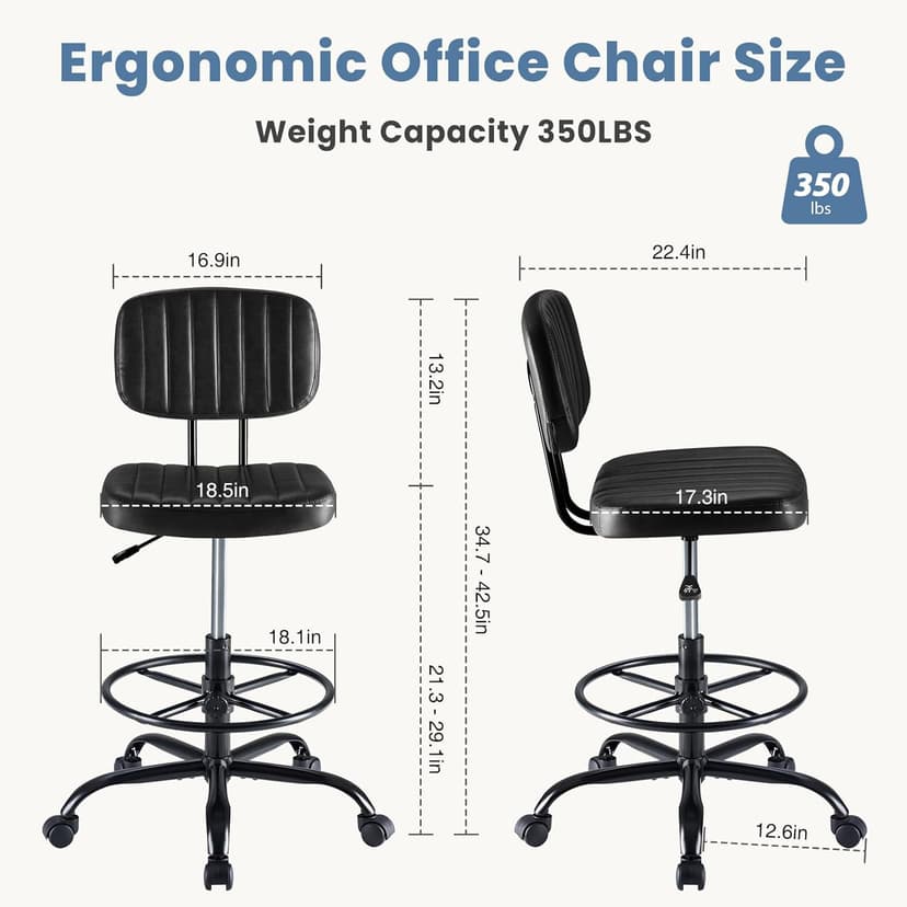 DUMOS Armless Drafting Chair, Low Back Office Seat with Adjustable Footrest Ring for Standing Desk, Ergonomic PU Leather Office Seating, Swivel Rolling High Stool for Studio, Lab, Counter, Black