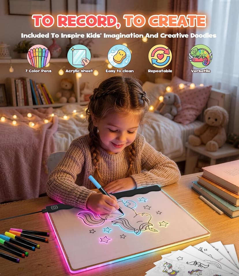 USB-C 10" Light Up Coloring Pad, 7 Color Doodle Glow Tablet, 7 Pens, 10 Tracing Sheets, Unicorn Birthday Gift Age 4 5 6 7 8 9 LED Drawing Board for Girls, Arts Gifts Kit and Crafts Toys for 3+ Year Old B0GDCX74KL