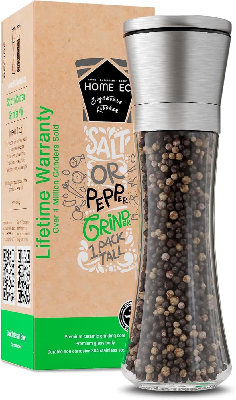 HOME EC Original Stainless Steel Salt or Pepper Grinder 1pk - Adjustable Ceramic Sea Salt Grinder or Pepper Mill - Tall Glass Spice Shaker - Spice Mill w/EBook B082V134CK