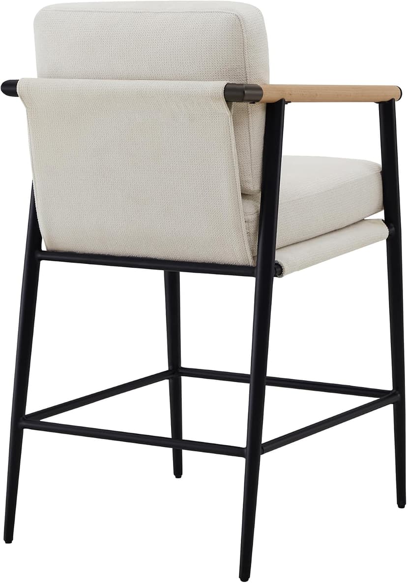 Watson & Whitely Mid Century Modern Barstools Set of 2, 26" H Upholstered Counter Height Bar Stools with Wood Armrests and Metal Legs, Fabric in Beige