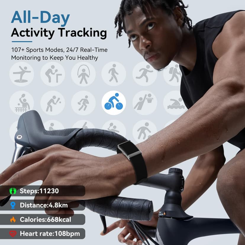 Smart Bracelet for Men Women，Health Activity Fitness Trackers with Continuous Heart Rate Monitor, 24/7 Sleep Tracking, 120+ Sport Modes, 30-Day Battery Life,Includes 2 Replacement Bands(Black)