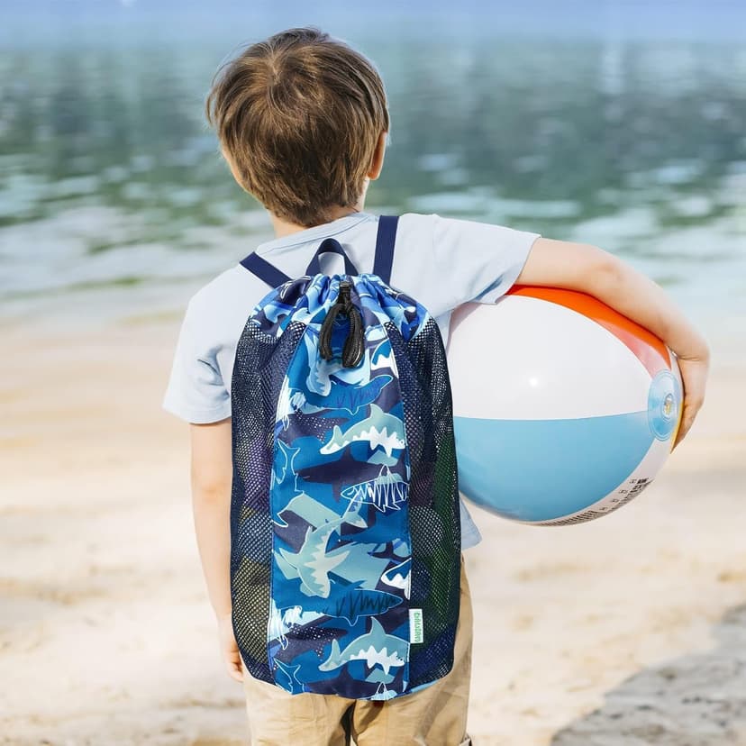 Shark Large Mesh Beach Bag for Kids, Kids Drawstring Beach Backpack for Boys, Tote Mesh Beach Toys Bag, Swim Pool Toys Balls Storage Bags Gym Bag, Beach Toy Shells Organizer