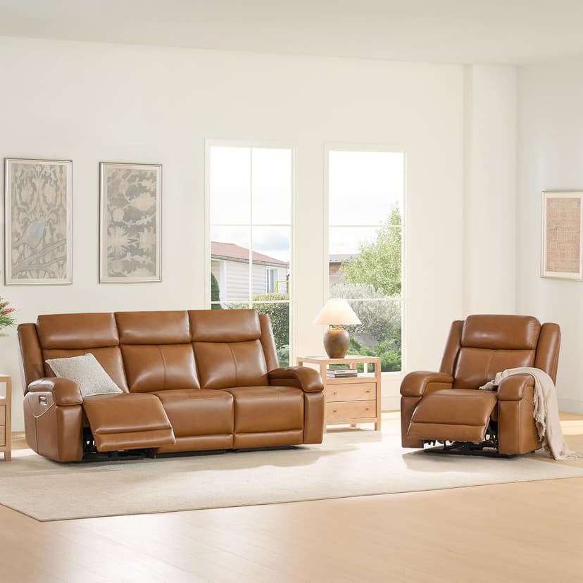 Watson & Whitely Genuine Leather Power Recliner Sofa, 3 Seater Wall Hugger Reclining Sofas with Power Headrest, USB & TypeC Ports, Electric Recliner Couch Set for Living Room, Saddle Brown