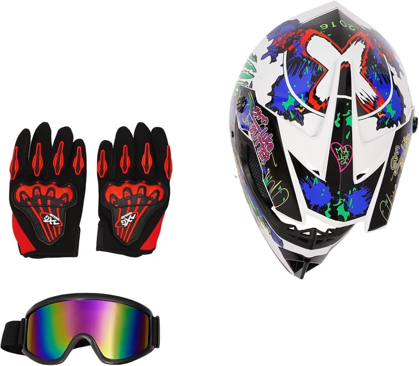 Adult Motocross Dirt Bike Helmet, Motorcycle Helmet Dirt Bike Motocross for Motocross, BMX, MX, UTV, Snowmobile, Go Kart, Racing, Skateboard, ATV Helmet, Goggles and Gloves