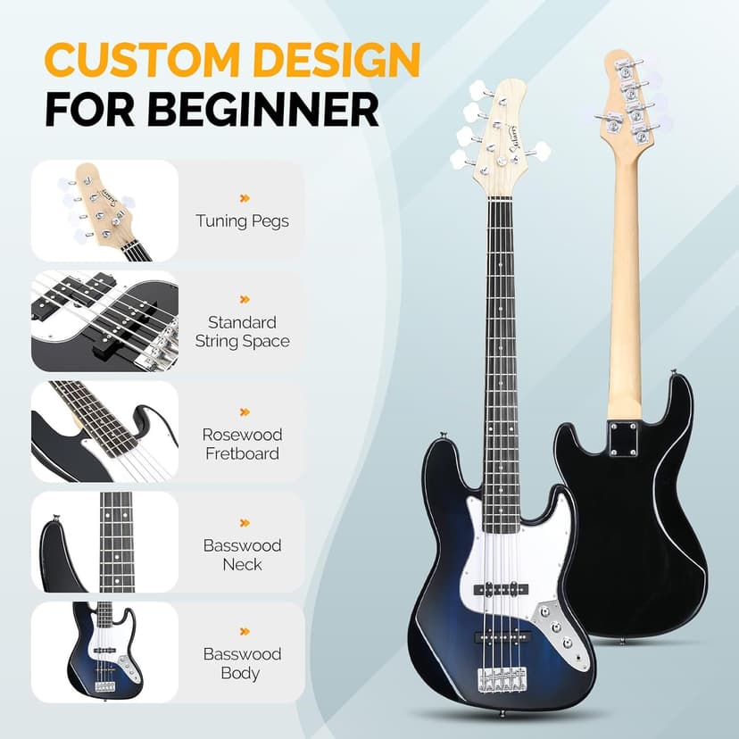 Glarry 5 String Electric Bass Guitar, Full Size Right Handed Rosewood Fretboard Bass Kit with Strap, Cable and Pick (GJazz - Dark Blue)