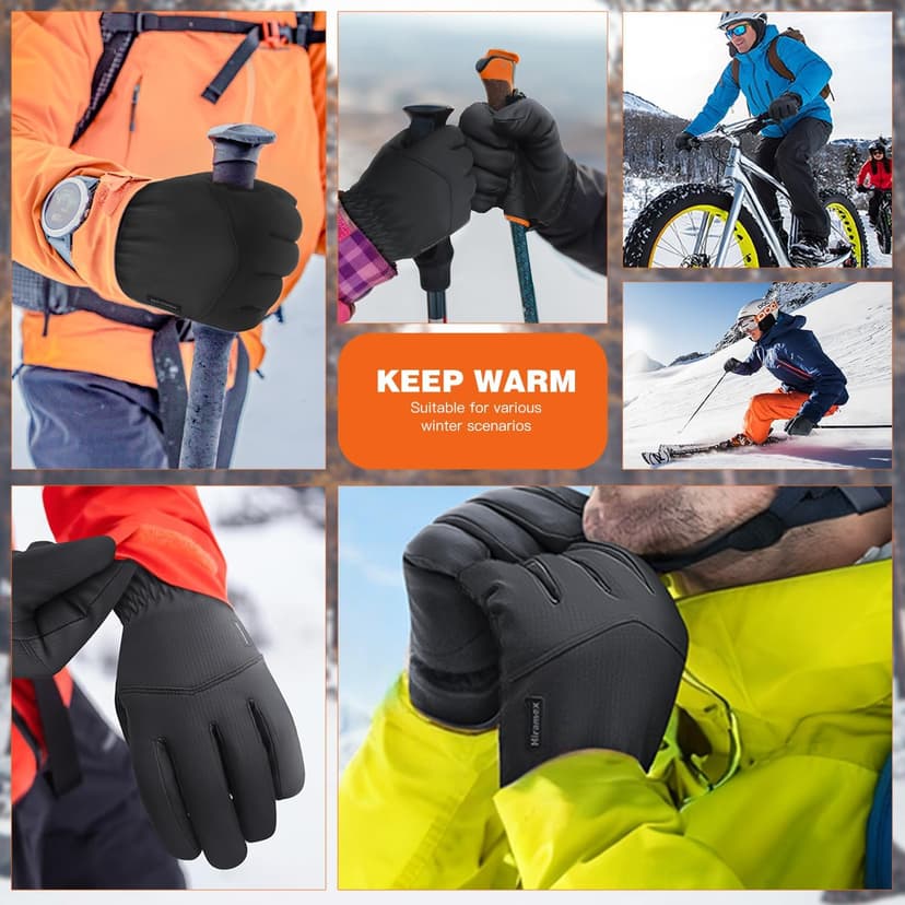 Hiramex Winter Waterproof Gloves Men Women, Windproof Warm Ski Gloves for Cold Weather, Touch Screen Snow Warm, Running Driving Cycling