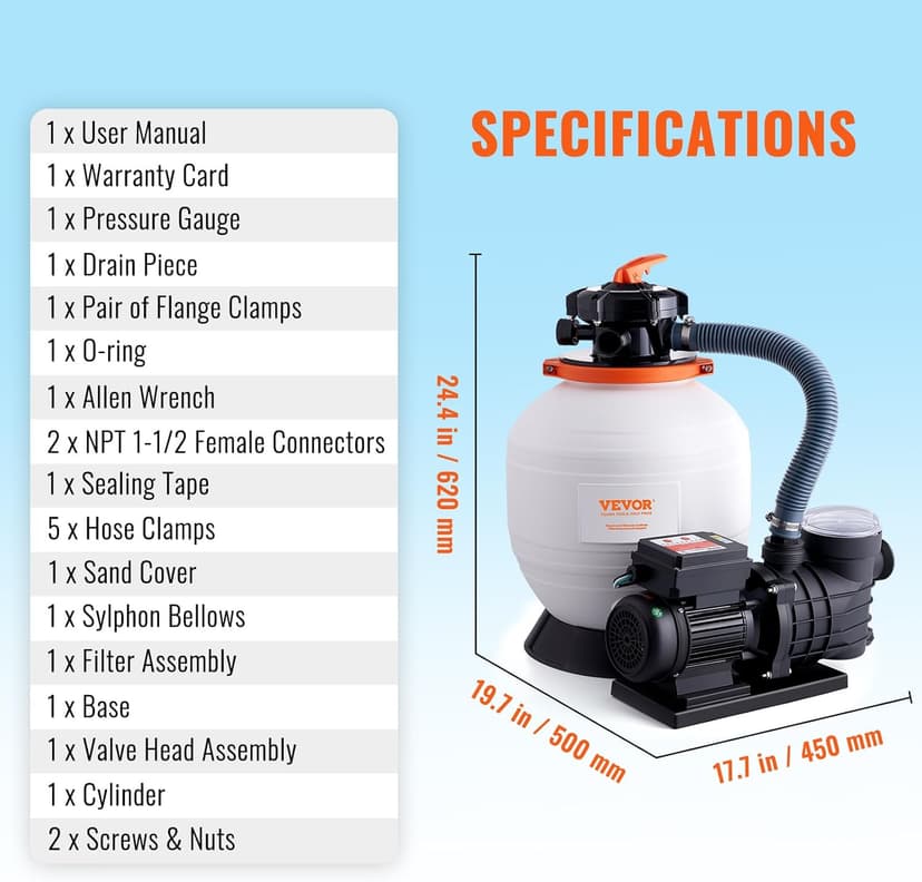 VEVOR 14-inch Sand Filter Pump for Above Ground, Digital Programmer Timer, 3000 GPH, 3/4 HP Pool Pumps System & Filters Combo Set with 6-Way Multi-Port Valve & Strainer Basket, Easy Installation