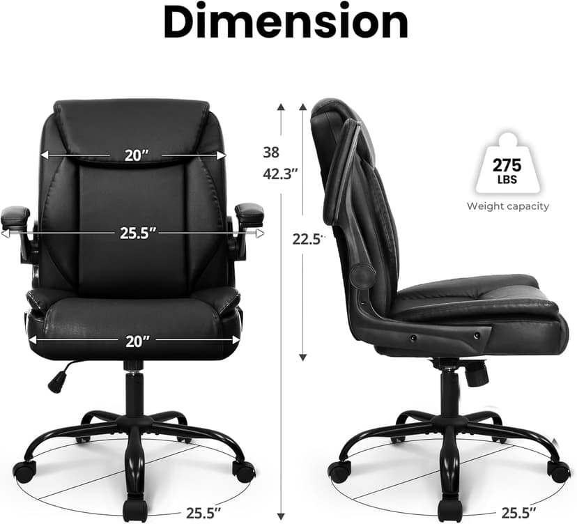 NEO CHAIR Desk Office Gaming Computer Chair Ergonomic Executive Mid-Back Leather with Adjustable Padded Flip-Up Armrests Cushion Wheels Swivel for Home Study Task (Black White)