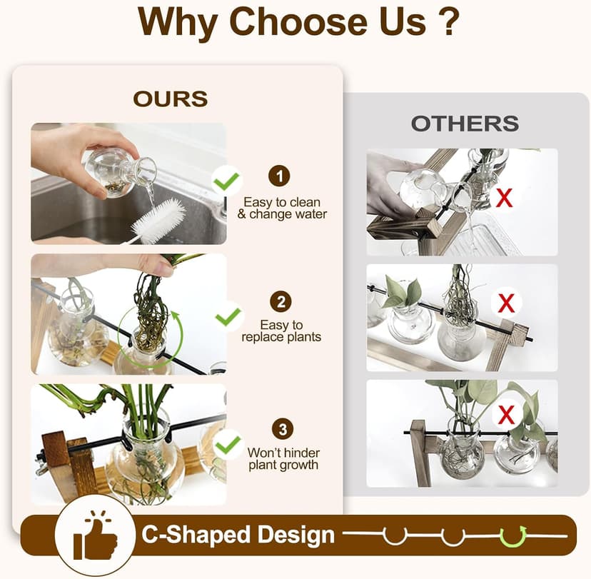 Unique Gardening Birthday Gifts for Women Plants Lovers, Home Office Garden Decor Planter - 3 Bulb Glass Vases Renmxj Plant Propagation Station, Plant Terrarium with Wooden Stand B096VDR4TM
