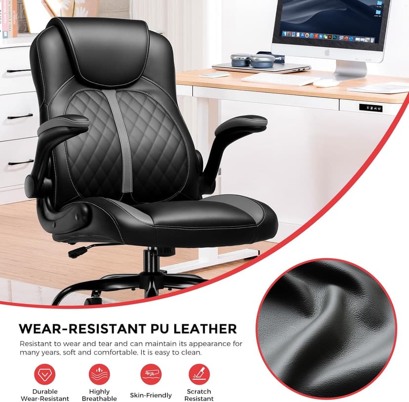 COMHOMA Office Computer Gaming Chair Ergonomic Desk Chair for Adults with Lumbar Support Flip-Up Arms Adjustable Height Swivel Wheels PU Leather Executive Design for Short People Use, Gray