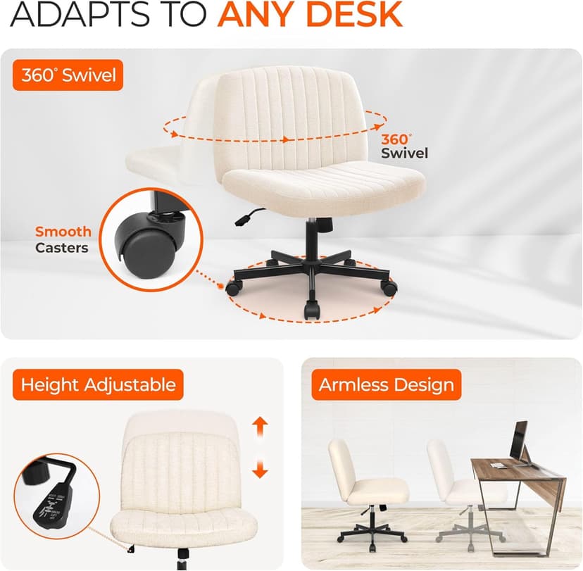 Orange Factory Criss Cross Chair Wheels Wide Cross Legged Office Desk Vanity Chair Comfy Fabric Armless Adjustable Swivel for Home Computer Task (Beige Wheel, Fabric)
