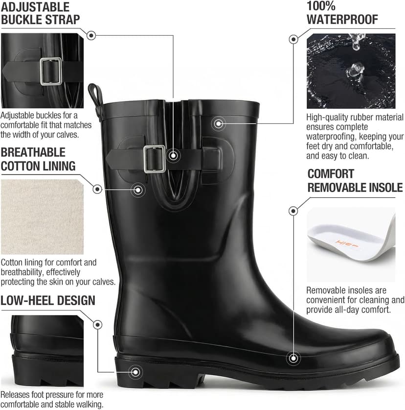 HISEA Rubber Rain Boots for Women Waterproof Garden Mud Boots