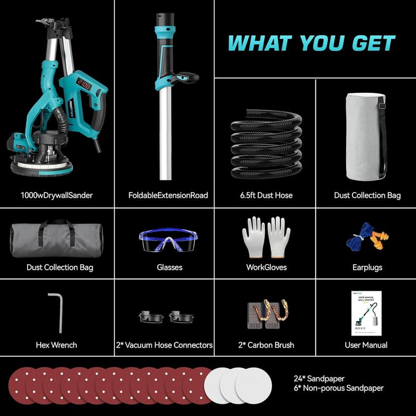 Drywall Sander with Vacuum Dust Collector, 1000W Popcorn Ceiling Removal Tool, Electric Drywall Sander with Digital Display Screen 9 Variable Speed 800-2100RPM, Foldable & Extendable Handle