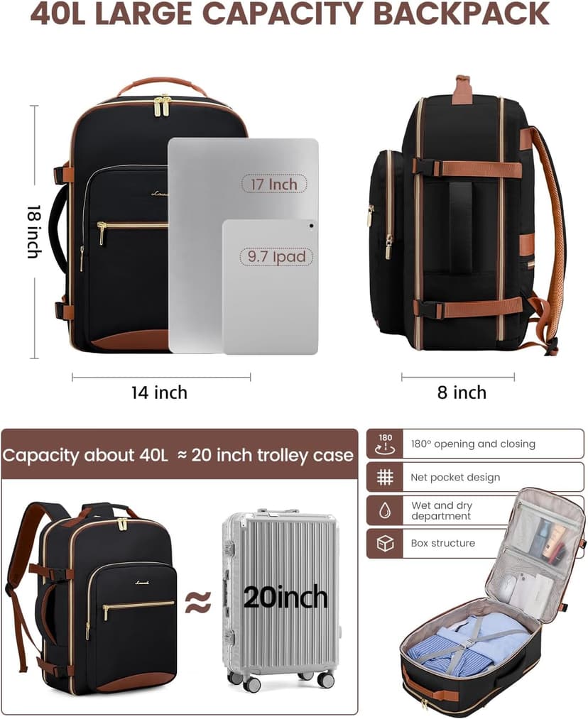 LOVEVOOK 40L Travel Backpack for Women & Men, Airline Approved Carry On Luggage with 3 Packing Cubes, TSA Overnight Bags, Waterproof Personal Item Bag, Weekender Essentials Backpacks fits 17" Laptop