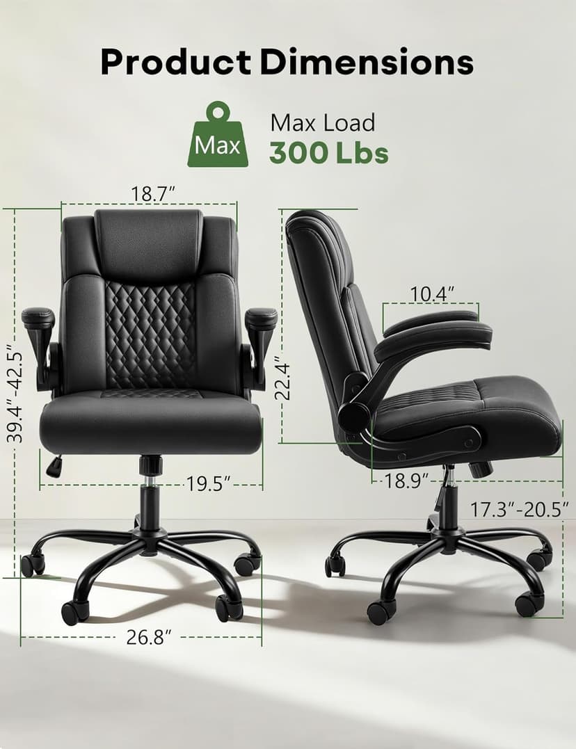 Executive Office Chair, Ergonomic Home Office Desk Chair with Lumbar Support & Flip-up Armrest, PU Leather Computer Seating for Shorter Users, Black