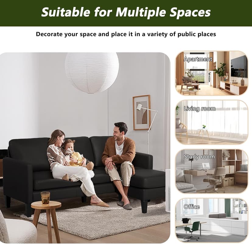 USSerenaY Faux Leather Sectional Couch, L Shaped Sofa with 3 Seater Couch and Reversible Chaise Convertible PU Leather Comfy Couches for Living Room (Black)