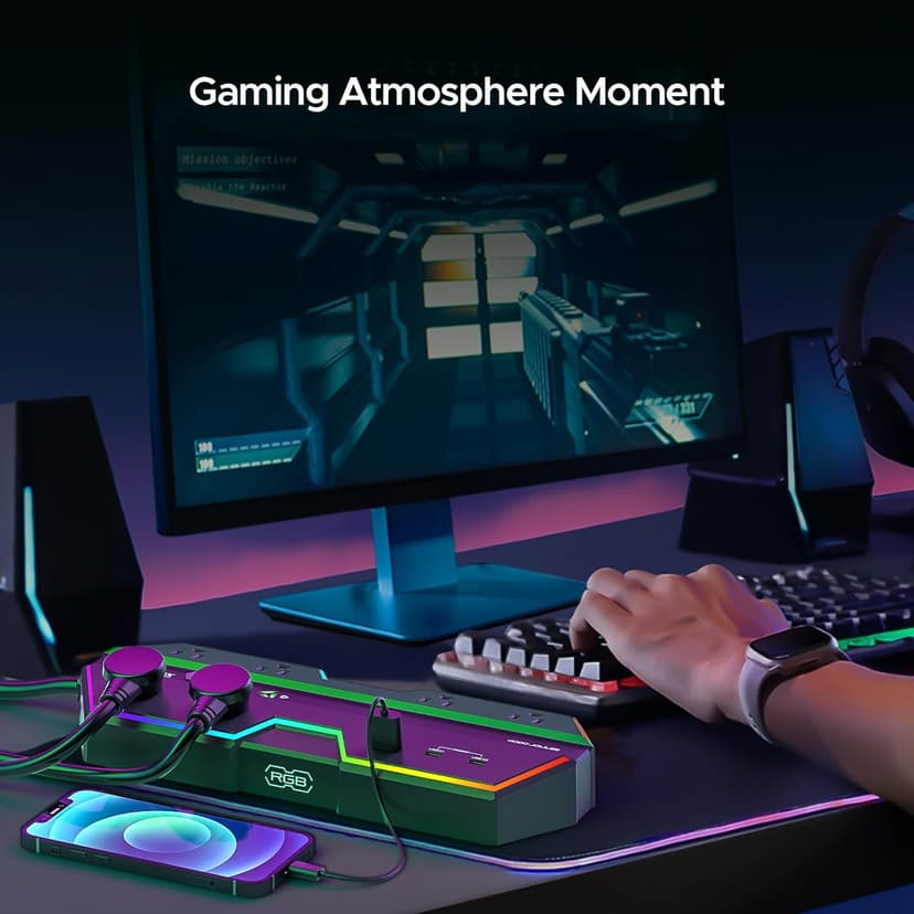 4000J Surge Protector Power Strip with USB Ports, 6 Outlet Power Strip with RGB Lights and PD 20W Fast Charging, Wide-Spaced Outlet Perfect for e-Sports, Game PC, Home and Offices