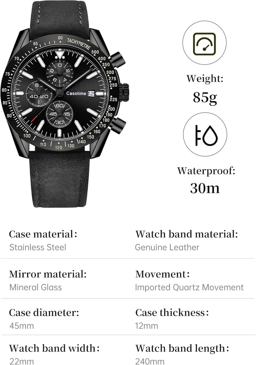 Casotime Men's Leather Band Chronograph Watch - 30M Waterproof Big Face Analog Quartz Date - Work Sport Casual Classical Fashion Designer Dress Wrist Watch - Elegant Gift for Men