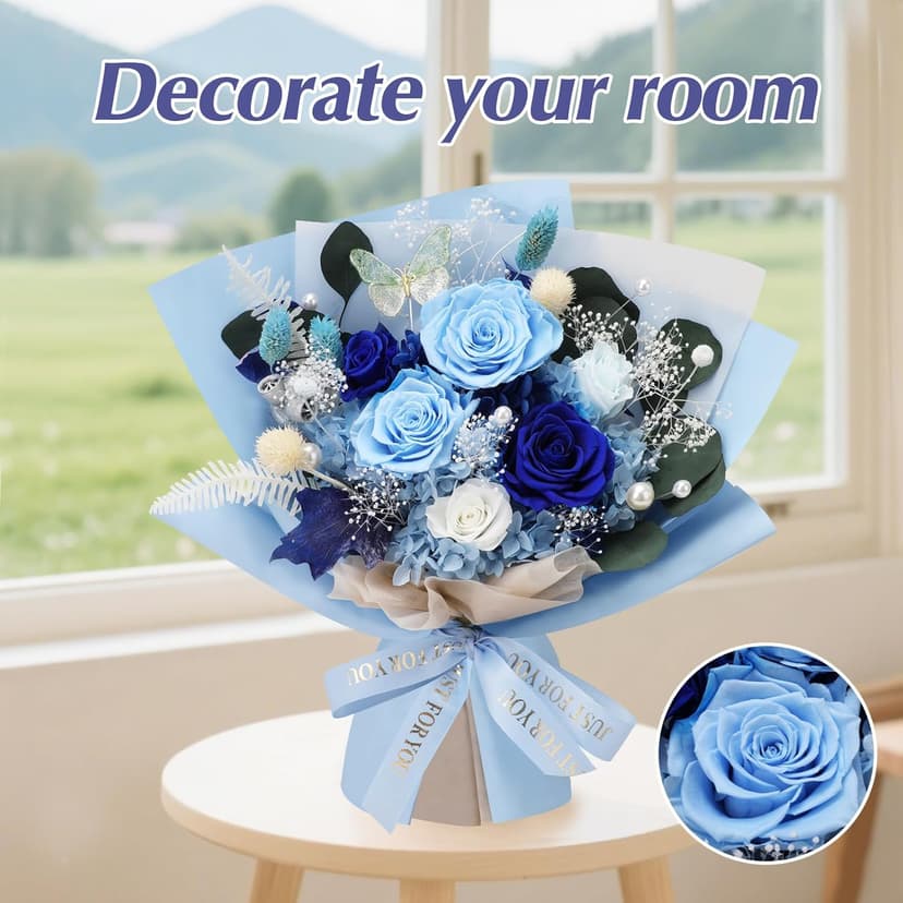 Casaido Preserved Flowers for Delivery, 6 Blue Roses Bouquet, Birthday Gifts for Women, Christmas Rose Gifts for Mom Wife Girlfriend, Forever Real Flowers for Valentines Day Anniversary