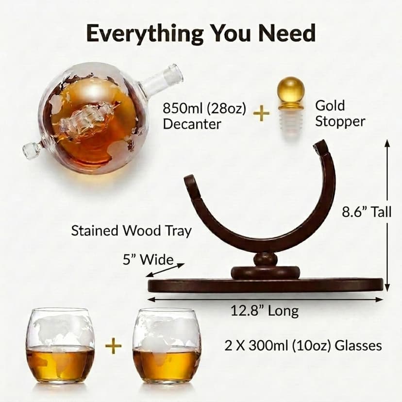 Gifts for Men, Whiskey Decanter Globe Set with 2 Etched Whiskey Glasses - for Liquor Scotch Bourbon Vodka, Gifts For Dad - 850ml