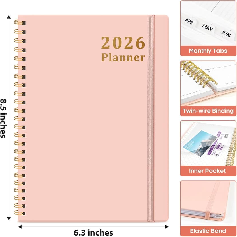2026 Planner, Weekly and Monthly Calendar Planner, January 2026 - December 2026, Hardcover 2026 Calendar Book with Tabs For Women & Men, Inner Pocket, Spiral Bound, Perfect for Office Home School Supplies - A5 (6.3" x 8.5"), Pink