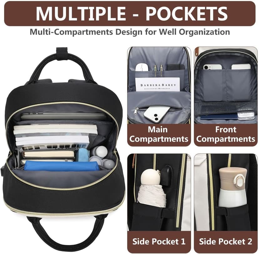 Laptop Backpack for Women Bag - 15.6 inch Work Travel Backpack with USB Charger College Bookbag Waterproof Business Computer Backpack Anti-theft Casual Backpacks for Nurse Teacher Beige Black Brown