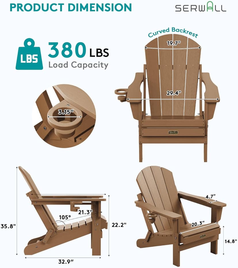 SERWALL Folding Adirondack Chair Set of 2 Outdoor Chairs Painted Adirondack Chair with Cup Holder Weather Resistant for Patio Deck Garden, Backyard Deck, Fire Pit- Brown