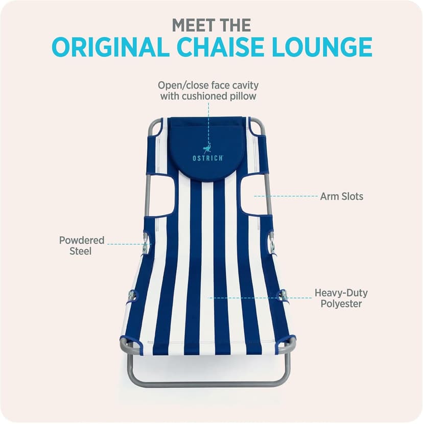 Ostrich The Original Chaise Lounge Portable Reclining Beach Chair, Blue Stripe - Bundled with Custom Fitted Towel Cover, White