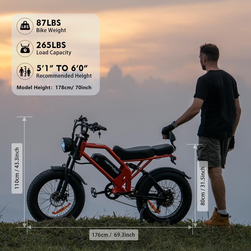 HAPPYRUN 1500W Electric Bike for Adults, 48V 18Ah Removable Battery, 20" Fat Tire E-Bike, 32MPH & 68+ Miles Range, 7-Speed Transmission, All-Terrain Mountain Ebike for Men & Women (Orange-red)