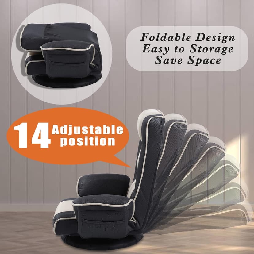 360 Swivel Gaming Floor Chair with Armrest Multi-Angle Folding Floor Chair Padded Backrest Lazy Sofa Lounge Chair for Living Room, Home Office QL201W-US-GR