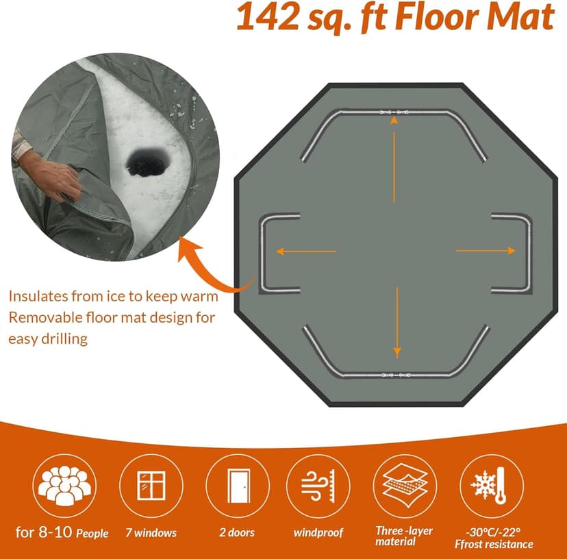 QualyQualy Insulated Pop-Up Tent with Floor - 8-10 Person Ice Fishing Shelter, 147sq.ft Windproof Ice Shack Hut with Stove Jack, Carrying Bag