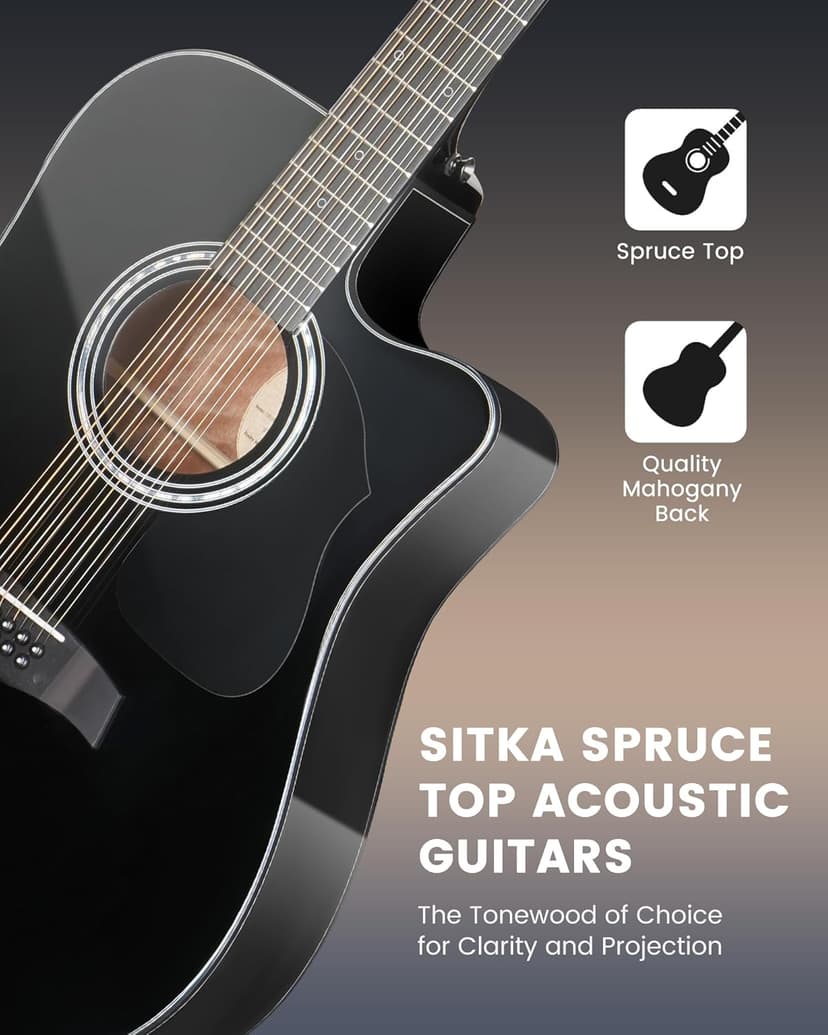 Fesley 12 String Guitar: 42" Full Size Acoustic Electric Guitars for Beginners Adults, Spruce Top Guitarra Acustica, Cutaway Guitar Bundle with Gig Bag, Picks, Strings, Strap, Gloss, Black