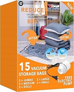 15 Pack Vacuum Storage Bags with Electric Pump (3 Jumbo, 3 Large, 3 Medium, 3 Small, 3 Roll Up), Plastic Packaging Bags,Space Saver Sealer Bag for Blankets, Comforters, Pillows, Clothes Storage