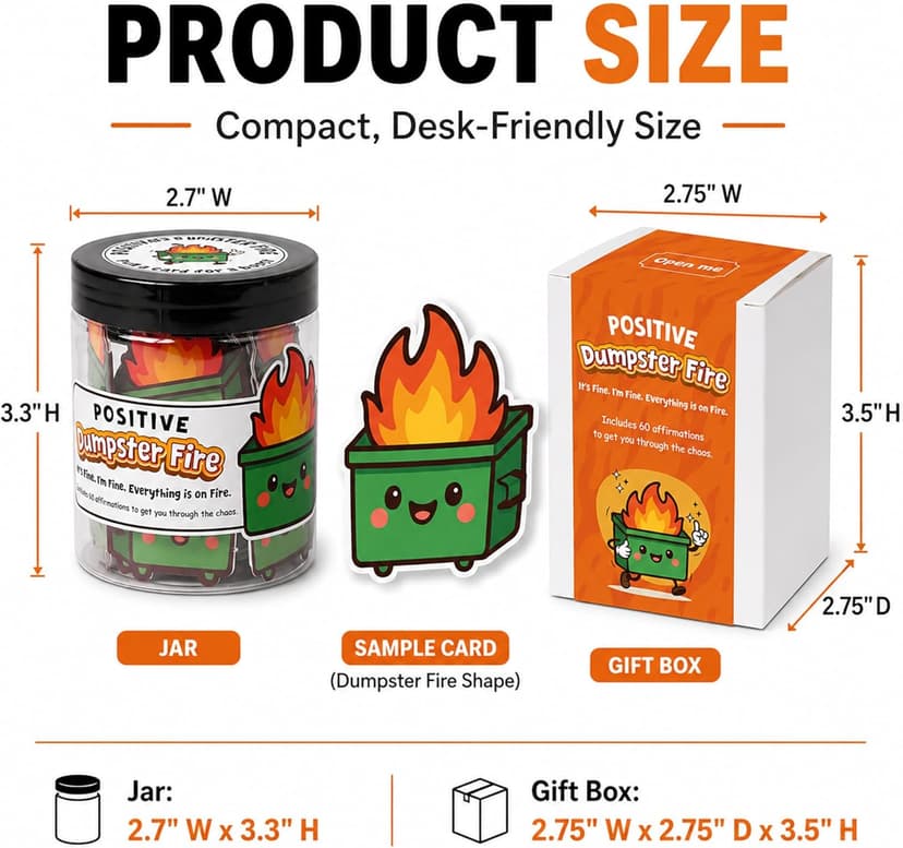 Emotional Supports Dumpster Fire Jar, 60 Positive Affirmation Cards, Dumpster Fire Desk Accessories, Thank You Retirement for Women Men Farewell Going Away Gifts for Coworkers Chaos Coordinator Office B0F898K73X