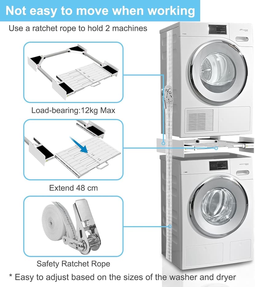 Kiss Core Washer Dryer Stacking Kit, Universal Washer Dryer Stacking Kit with Pull-Out Sliding Plate, Adjustable 29"-21" Stacking Kit for Washer and Dryer with Ratchet Strap
