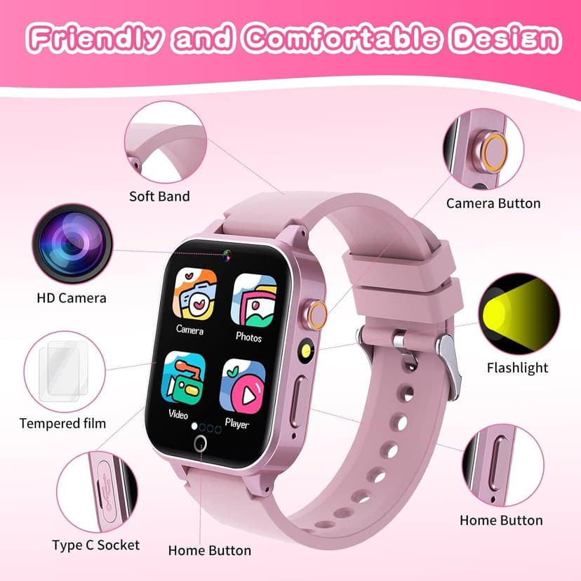 Kids Smart Watch Gift for Girls Age 5-12, 26 Games HD Touch Screen Watches with Video Camera Music Player Pedometer Flashlight 12/24 hr Educational Toys Birthday Gifts for Girls Ages 7 8 9 10