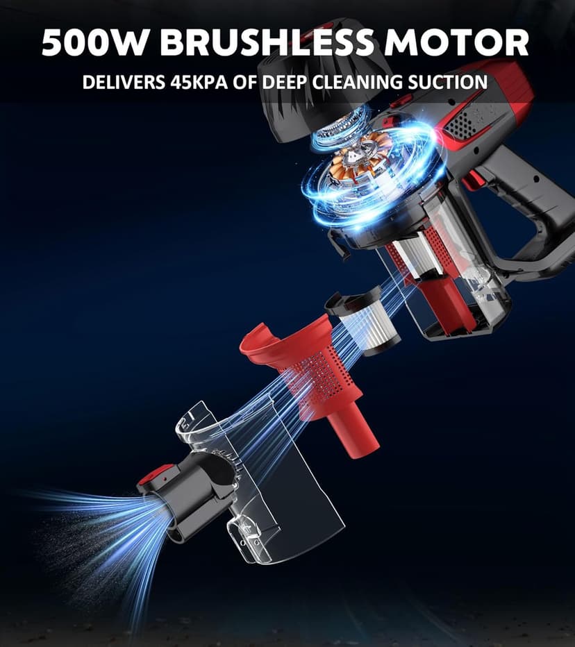 Cordless Vacuum Cleaner, 500W 45Kpa 60Mins Stick Vacuum Cleaner for Home, Self-Standing Vacuum with 1.5L Dust Cup and HEPA Filter, Anti-Tangle Brush for Hardwood Floors, Carpets, and Pet Hair