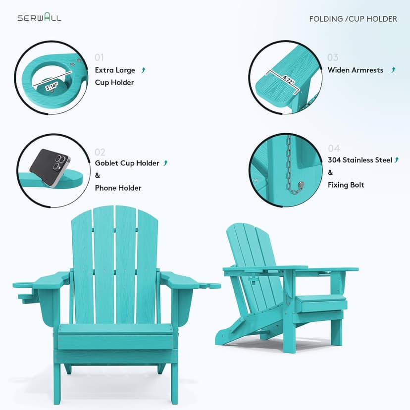 SERWALL Adirondack Chair with Cup Holders - Composite Adirondack Chairs Set of 2 HDPE Outdoor Chairs All Weather Use- Aruba