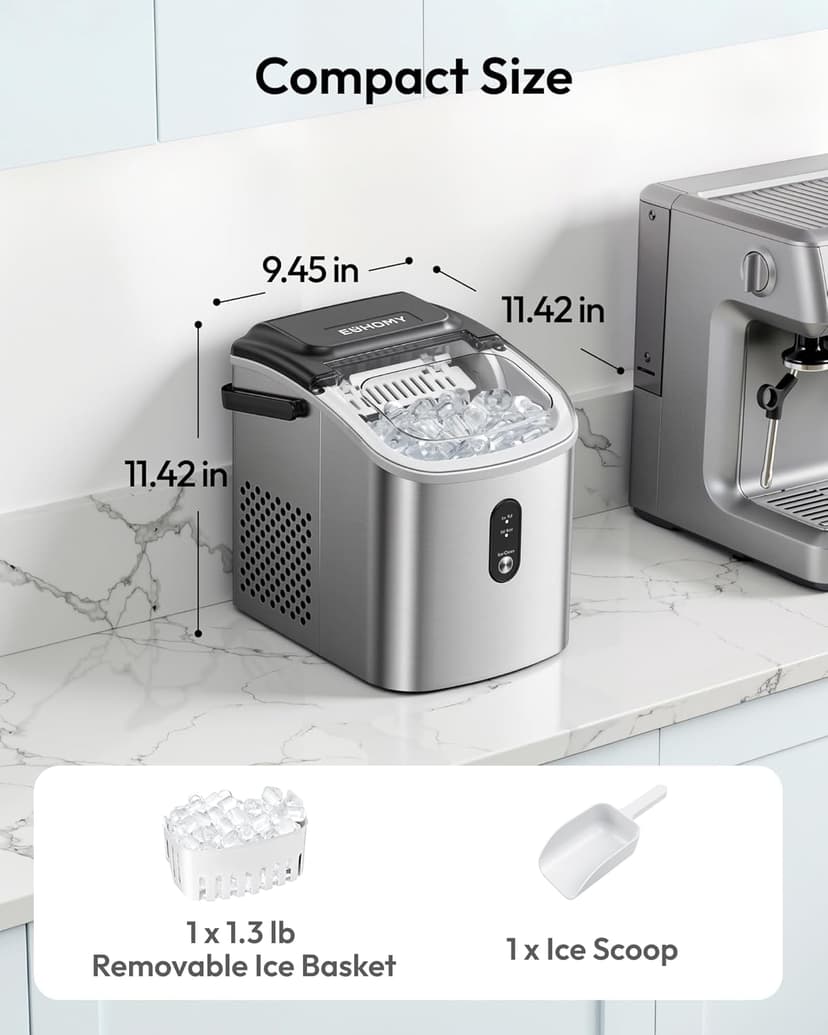 EUHOMY Ice Maker Countertop, Portable Ice Machine with Carry Handle, 26.5lbs Per Day, 9 Cubes in 6 Mins, Auto-Cleaning, with Basket and Scoop, for Home, Kitchen, Camping, RV (Silver)