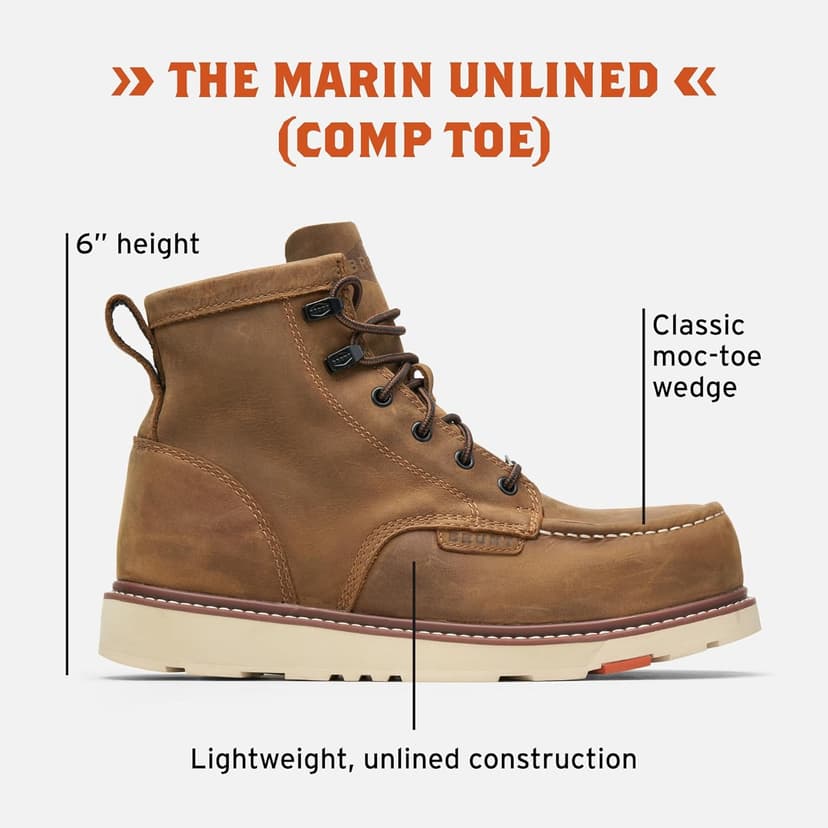 BRUNT Marin Unlined (Comp Toe) - Brown - 6" Lightweight Safety Toe Wedge Work Boot - EH Rated - Slip + Oil Resistant - Adjustable Width System