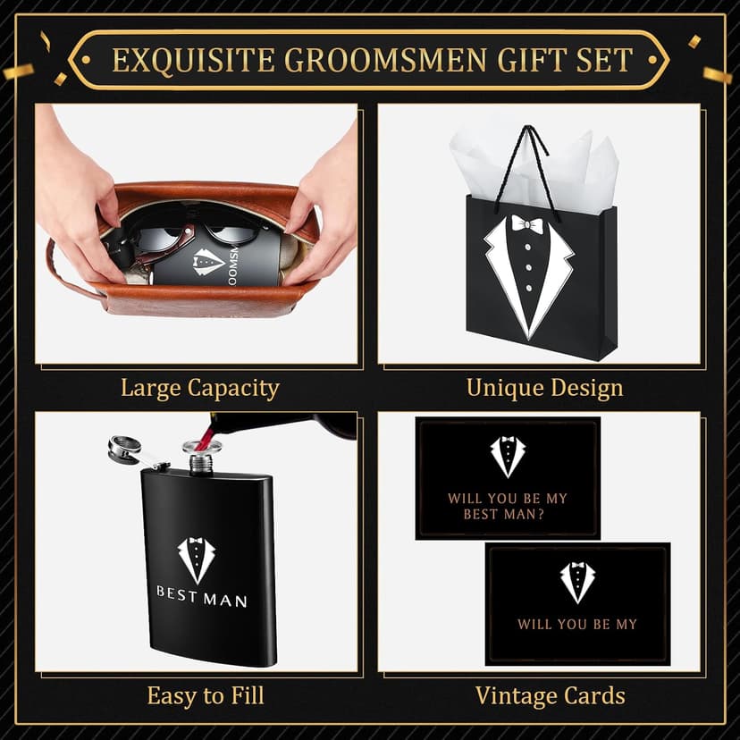 Complete Groomsmen Proposal Gift Set for Wedding with Flasks Shot Glasses Toiletry Bags Sunglasses Gift Cards and Bags Rigibright 70 Pcs Groomsmen Gifts Set of 7 for Wedding Best Man Gift B0DNW32F5Z